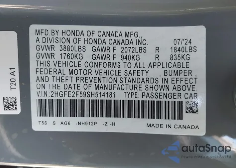 2025 Honda Civic Sport из США, поврежденный, VIN 2HGFE2F59SH514181